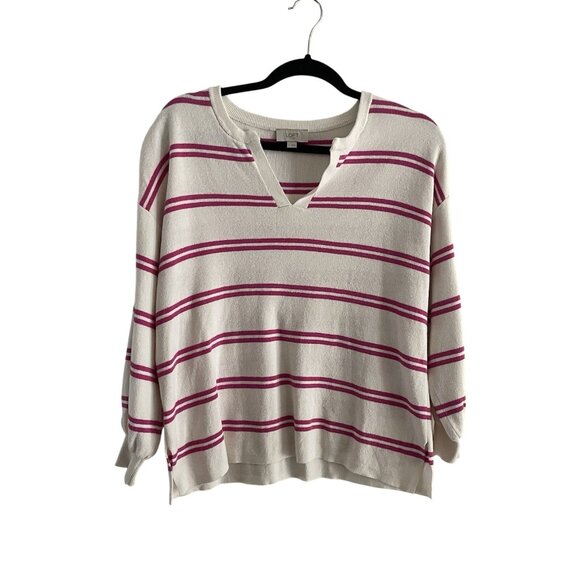 Loft Outlet Women Sz S White/Pink Striped Split V-Neck 3/4 Sleeve Sweater - Picture 1 of 9